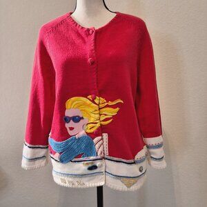 Michael Simon New York 3D Mixed Media Sweater. Blonde Ladie Driving a Convertibl